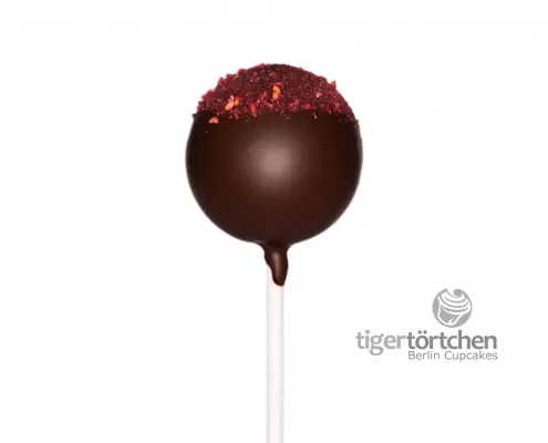 Merlot-Berry Cake-Pop: Schoko-Rotwein-Kuchen mit Zartbitter-Schokoladenhülle und Himbeere