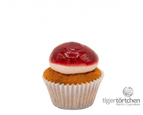 Hibiskus Cupcake: Vanille-Cupcake mit Erdbeer-Hibiskus-Füllung und Erdbeer-Creme mit Hibiskus-Glasur