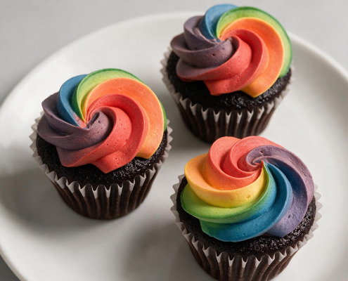 Pride Schoko Cupcake mit Regenbogen Dekoration