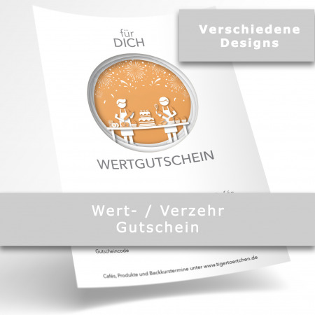 Wert Gutschein mit freiem Betrag für unsere Cafés und den Online Shop spontan selbst drucken